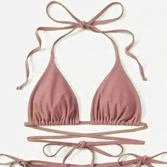 NWT Solid Rose Pink Ruched Double Wrap Triangle Tie Bikini SET - Picture 7 of 11